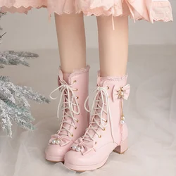 Ruffles Vintage Lolita Women Wedding Boots  Chunky Block Square High Heels Thick Platform Gothic Shoes Black White Pink Lace Up