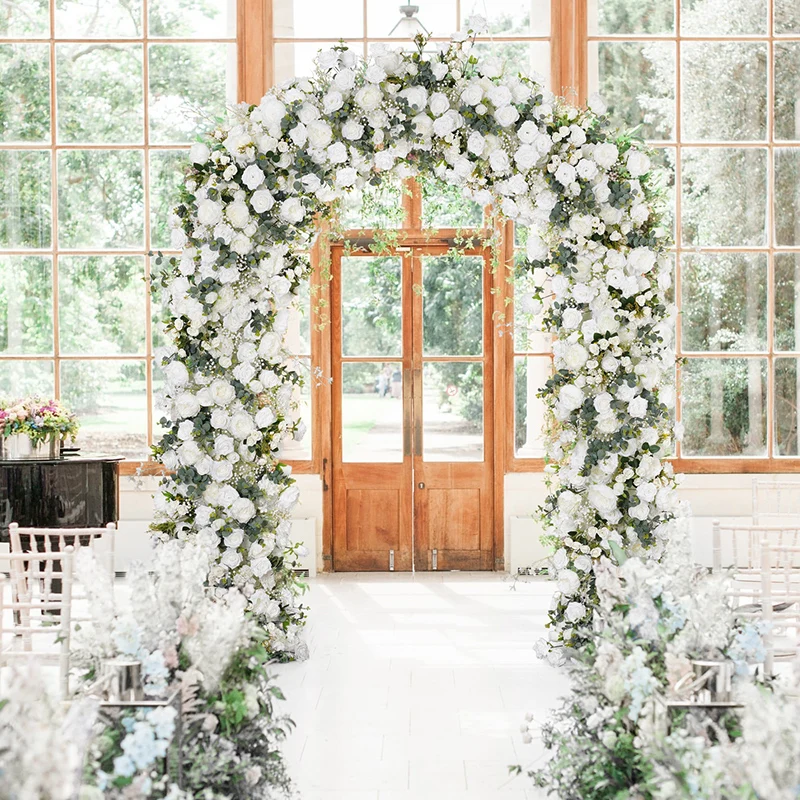 عداء صف زهرة الورد الأبيض، نفس الطفل، أوراق الأوكالبتوس الخضراء، ديكو قوس الزفاف، ترتيب الأزهار مع الإطار، دعامة الحدث #5