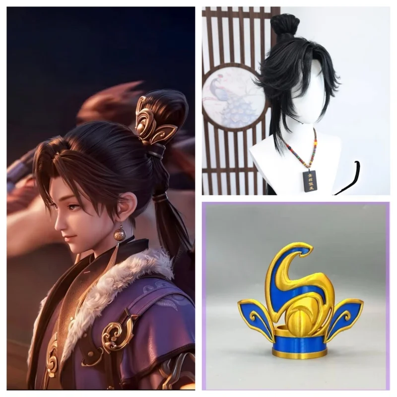 Styled Sun Quan Cosplay Wigs Long Black Honor of Kings Long Imitation Hand Hook Wig Hair Wigs + Free Wig Cap