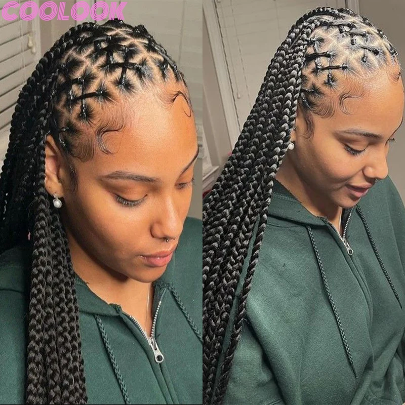 Synthetic 36'' Full Lace Box Braid Wigs Criss Cross Distressed Long Braided Lace Frontal Wigs Heat Resistant Knotless Braids Wig