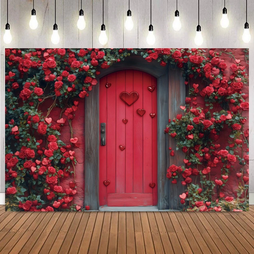 Romantic Rose Heart Door Stone Path Photo Backdrop Valentines Day Love Theme Wedding Anniversary Portrait Photography Background