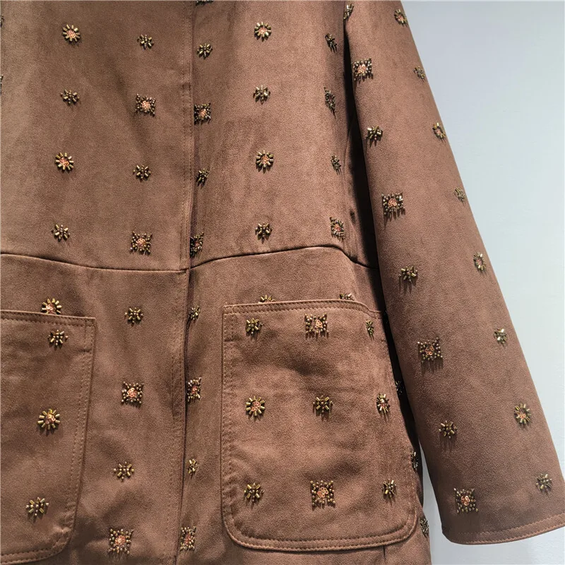 HKSH printemps automne nouvelles femmes veste Faux daim artisanat lourd perlé col rond poches élégant Streetwear français élégant manteaux HK12009