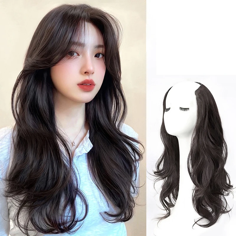 Women Long Curly Invisible Seamless V-shaped Wig Simulated Increase Volume Fluffy High-level One-piece Hair Extension