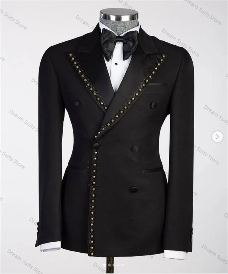 

Gold Beaded Formal Men Suit Pants Set 2 Piece Black Blazer+Trousers Customized Office Business Jacket Prom Wedding Tuxedo Coat