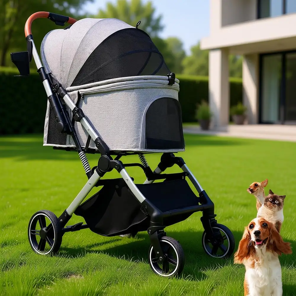 

Pet Stroller for Small Medium Dogs Cats Up to 45 lbs, Travel Lite Collapsible, All Terrain 4 Wheels, Running, Grey