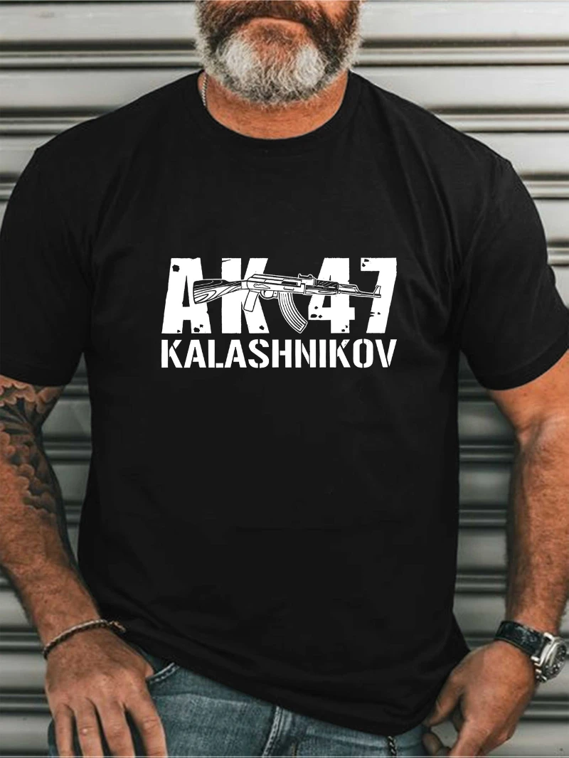 AK47 Rifle Print Men's Short Sleeved Tshirt Design Eye-catching AK-47 Kalashnikov Pattern Suitable for Summer Outdoor Activities