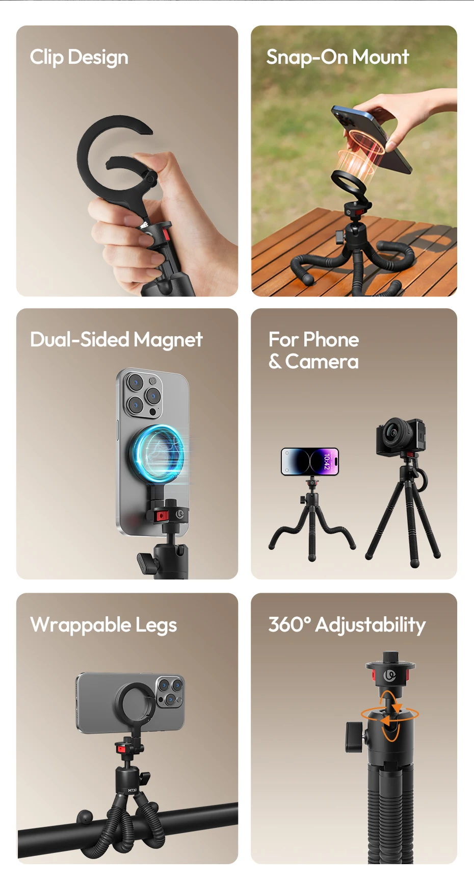 Ulanzi MT30 Magnetisches flexibles Stativ für Fotografie, Telefonkamera 360° ° Einstellbare Kugelkopf umwickelte Beine Stativ Outdoor Vlog – Detail 2