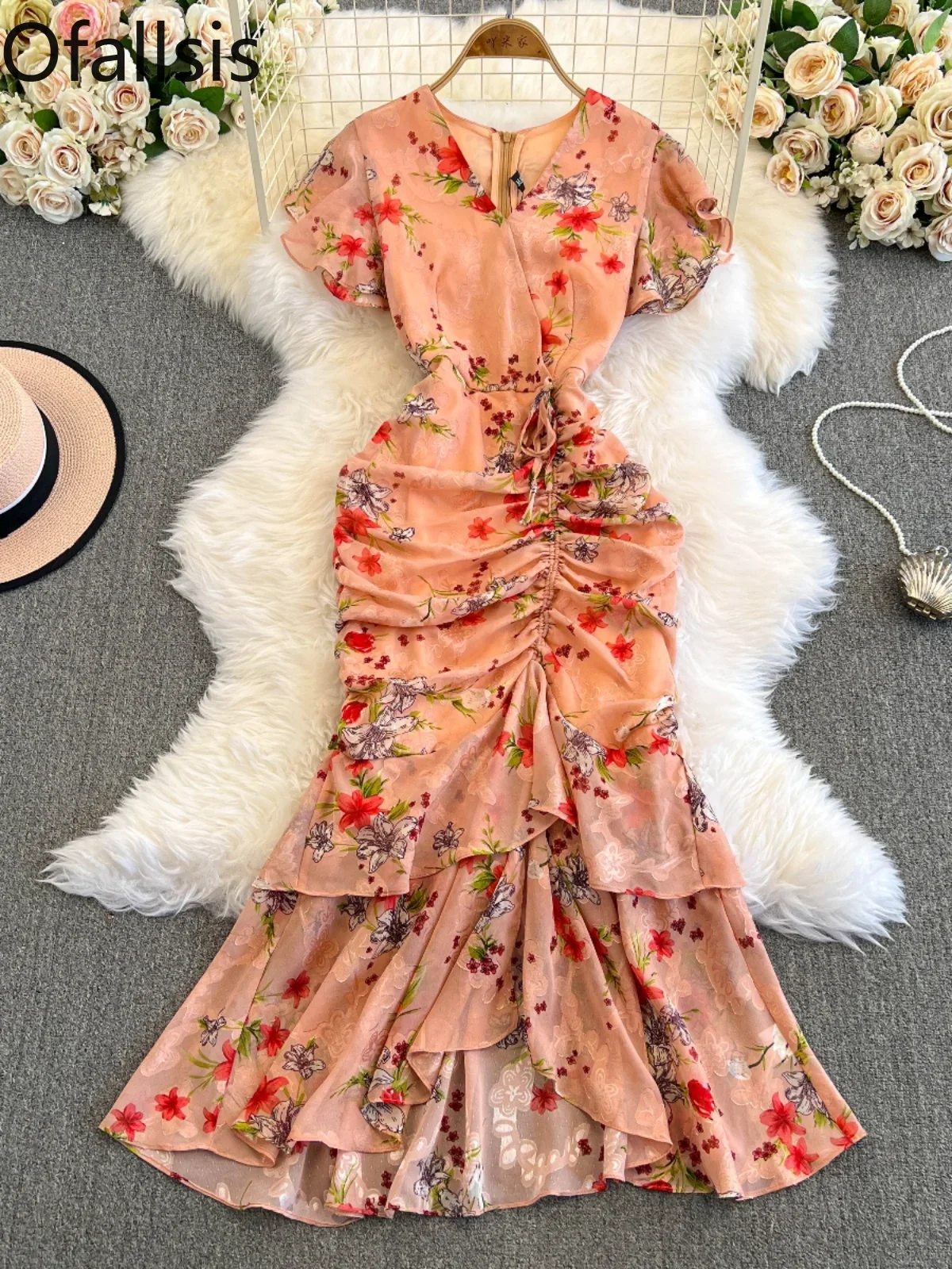 Ofallsis French Style Retro Gentle Wind Lotus Leaf Edge V neck Fish Tail Dress 2024 Summer New Chiffon Floral Fashion Dresses