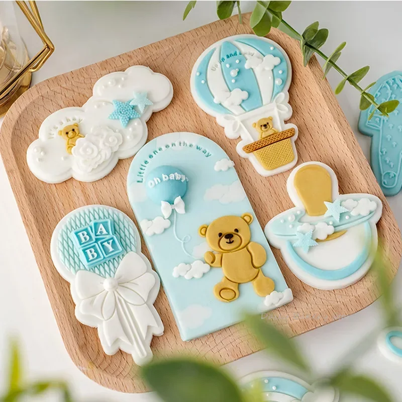 Cartoon Baby Shower Party Cookie Embosser Stamp Oh Baby Bear Cloud Hot Air Balloon Cookie Cutters and Embossers for Boy Birthday