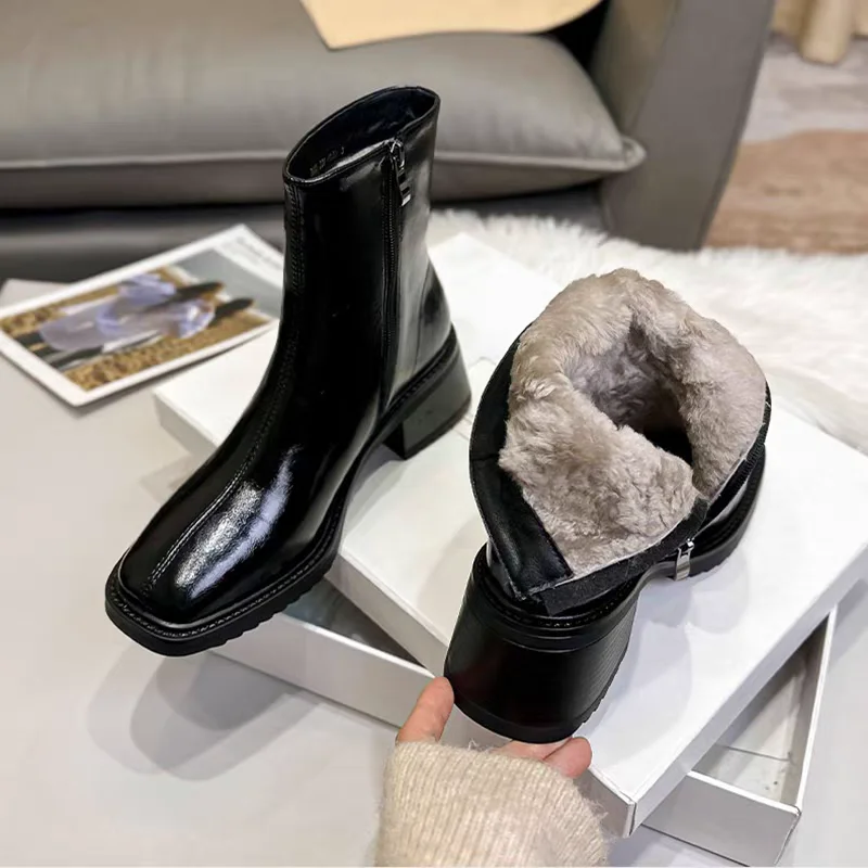 Winter Thick Fleece Short Boots Women 2026 New Square Toe Mid Block Heel Zipper Casual Warm Cotton Booties Black Platform Shoes