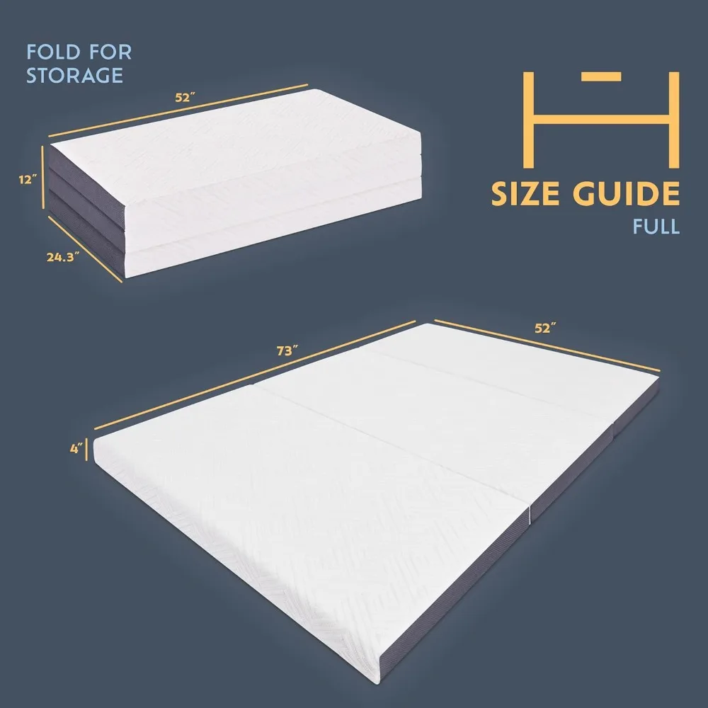 Premium 4” Memory Foam Trifold Mattress  Full Size, Portable Space Saver, Medium-Firm, CertiPUR-US Certified Washable