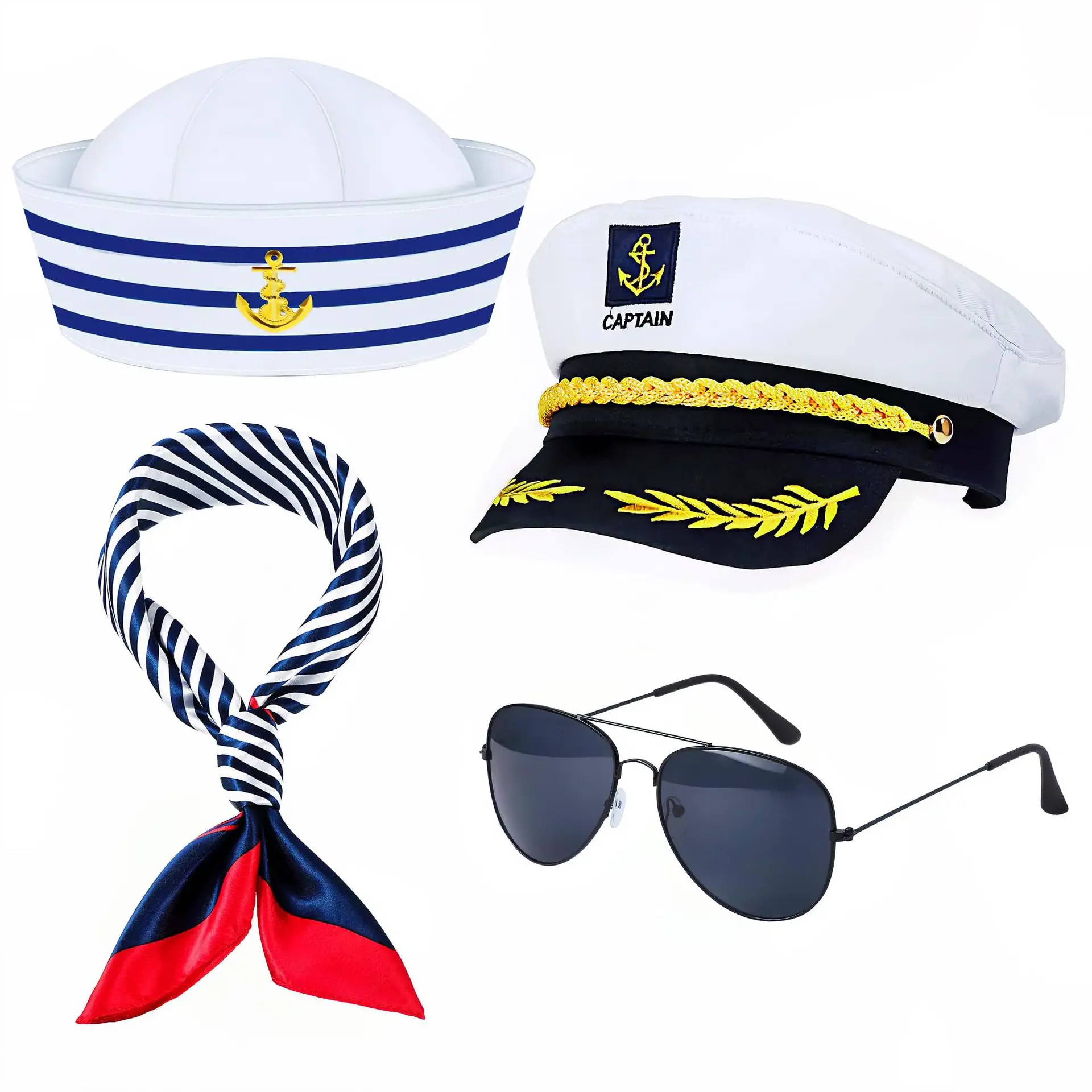 

4piece Military Hat Army Peaked Sun protection Yacht Navy Captain Sunshade sunglasses sailor Party outfit 8M143