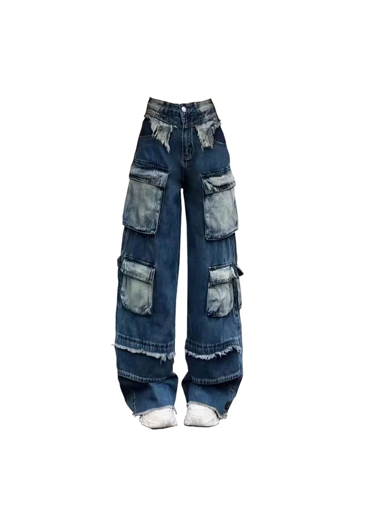 Women Blue Cargo Jeans Korean Harajuku Y2k Vintage Denim Trouser 90s Aesthetic High Waist Cowboy Pants 2000s Trashy Clothes 2024