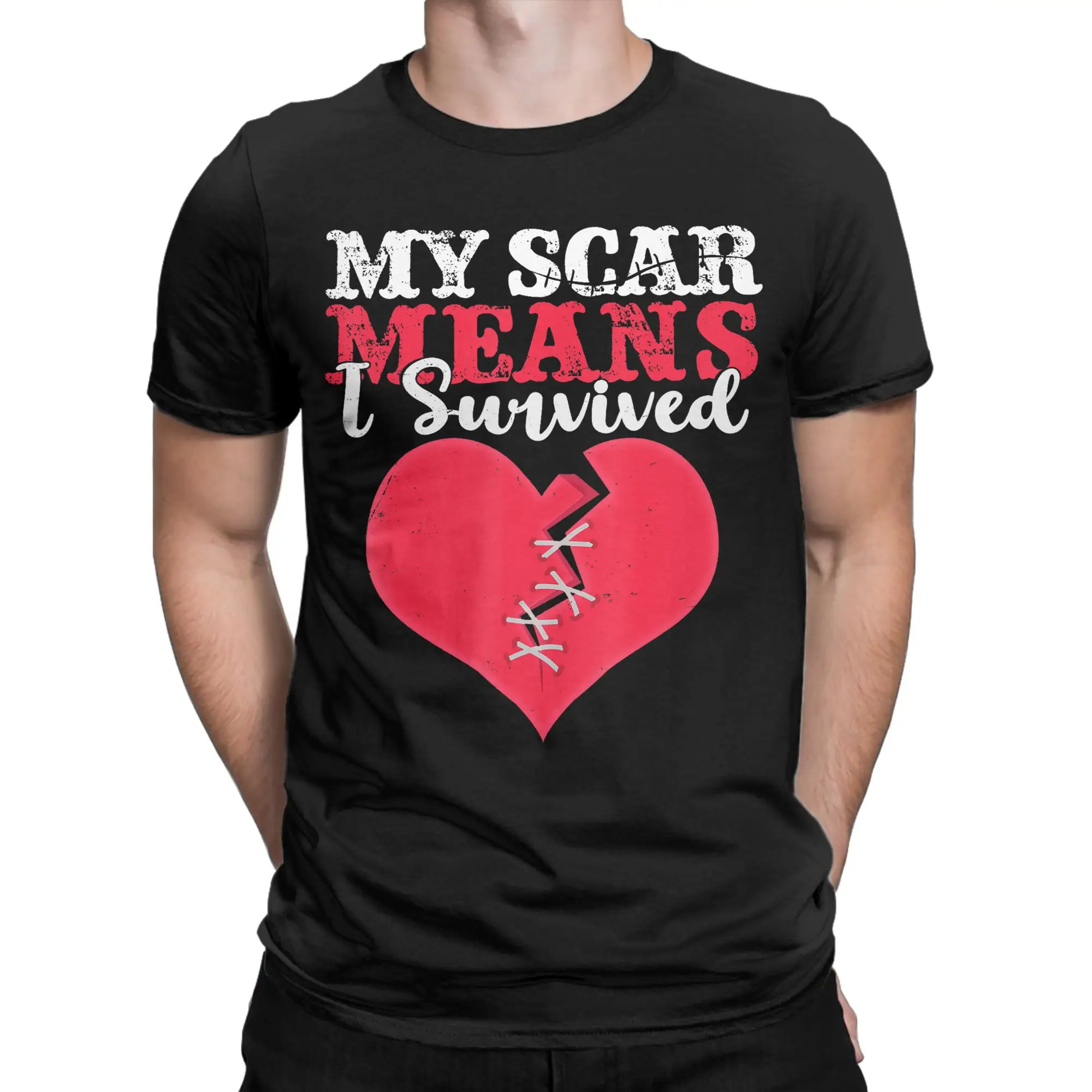 My Scar Means I Survived Heart  Men's T Shirt  Amazing Tees Short Sleeve Crew Neck T-Shirt Pure Cotton Plus Size Tops