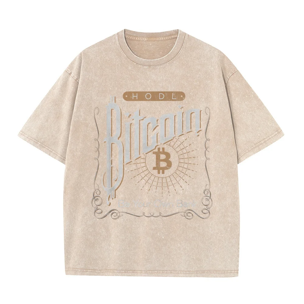 Vintage Bitcoin HODL Be Your Own Bank Distressed Crypto T-Shirt Men Clothing Luxury Brands Gothic Casual Cotton Summer Top