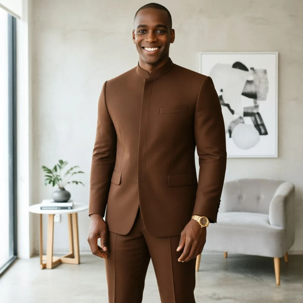 

Мужской свадебный костюм Slim Fit винтажного коричневого цвета с воротником-стойкой, приталенный, на заказ, для торжественных мероприятий, свадеб, выпускных вечеров и вечеринок
