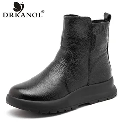 DRKANOL Women Winter Warm Snow Boots Thick Bottom Round Toe Zipper Genuine Leather Shearling Fur Wool Platform Ankle Boots Lady