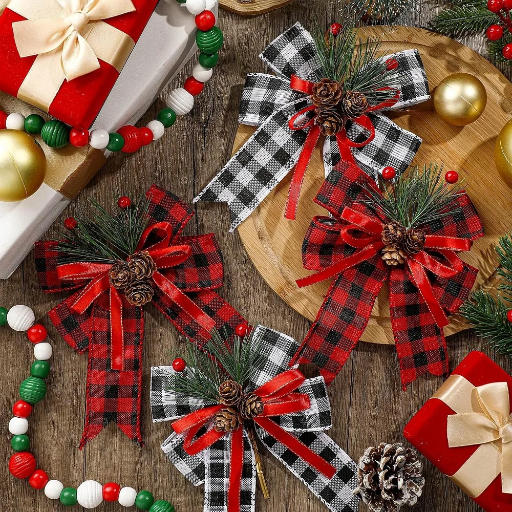 3 uds. De lazos navideños con agujas de conos de pino, lazo de terciopelo de Navidad, cinta roja, decoración de corona de árbol de Navidad, manualidades para interiores, decoración DIY