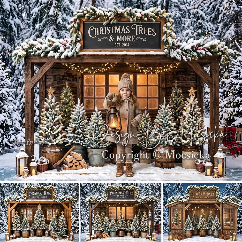 Mocsicka Hintergrund Fotografie Weihnachtsbaum Bauernhof Laternen Schneegirlande Holz-Hintergrund Winter Outdoor Studio Foto