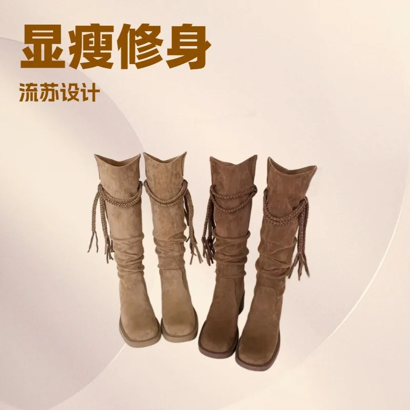 

Brown fringed boots 2025 Autumn New Retro Wasteland Chunky Heel Knight Boots British Academy Stacked Long Boots