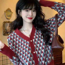 2024 New Autumn Woman's Sweater V-neck Cardigan Top Grace Leisure Fashion Comfortable Diamond Lattice Trend All-match Feminine