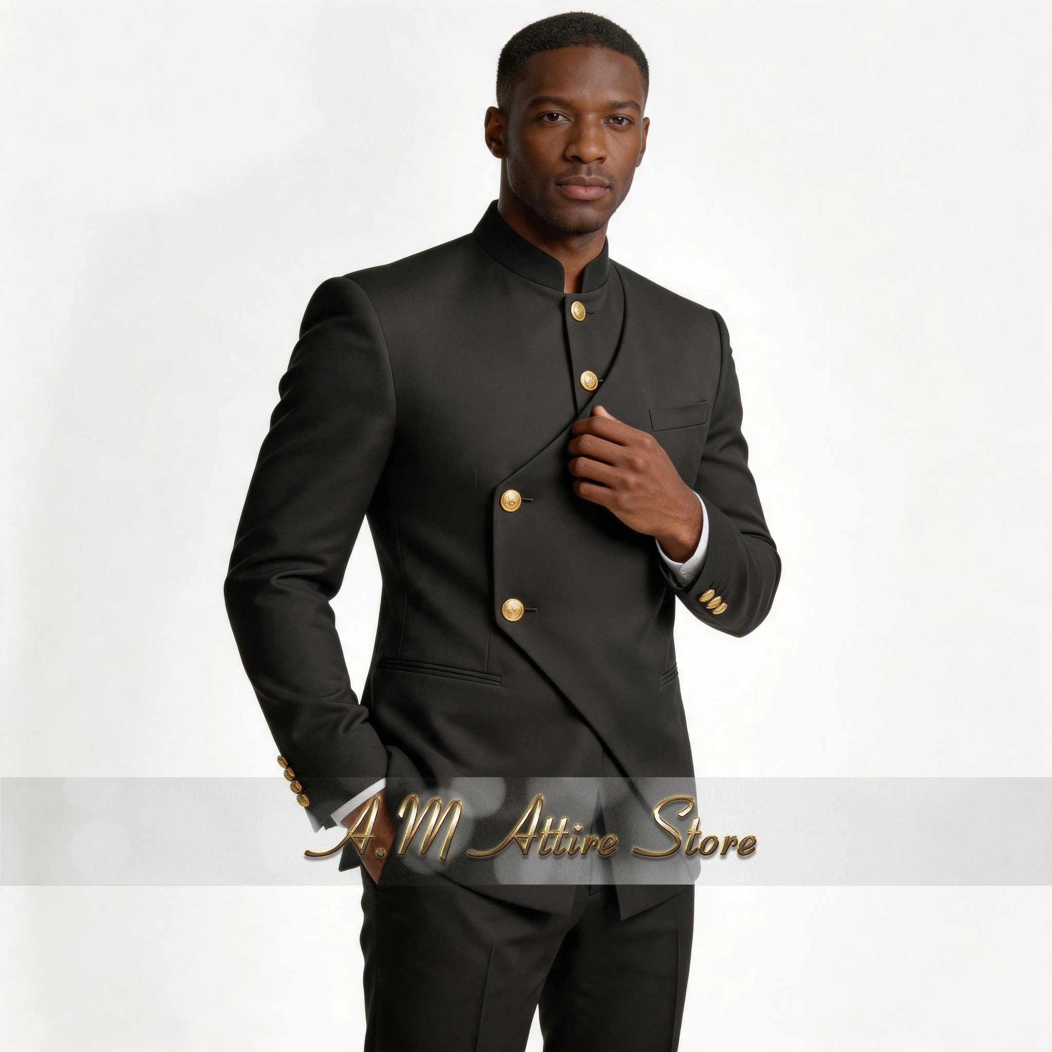 

Chinese-style suit for men black 2-piece set gold-button jacket pants custom slim fit for wedding date formal business wear