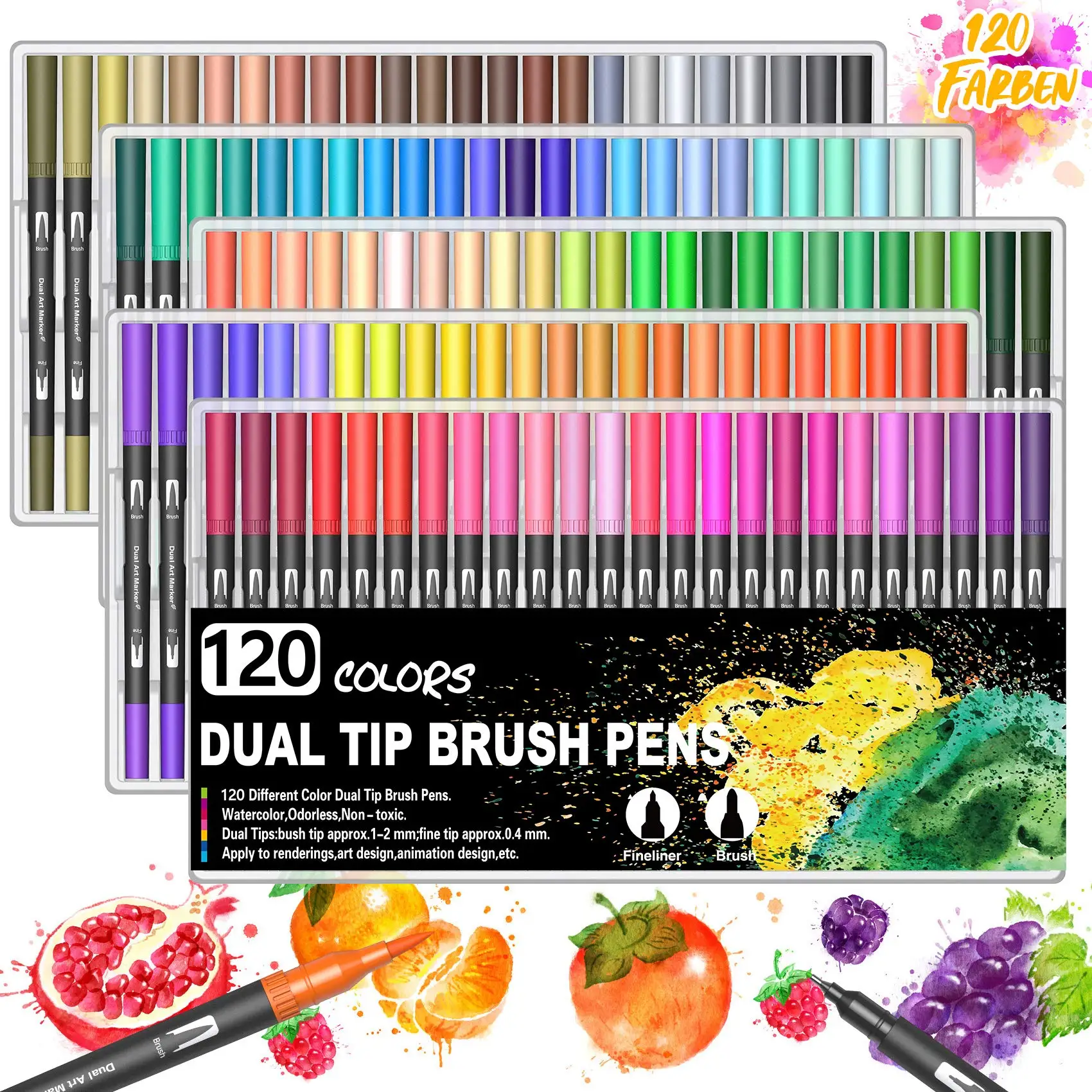 

48 72 100 120 Colour Felt Tip Drawing Watercolor Art Markers Pen,Dual Brush Fineliner Colouring Pen Set for Calligraphy Painting