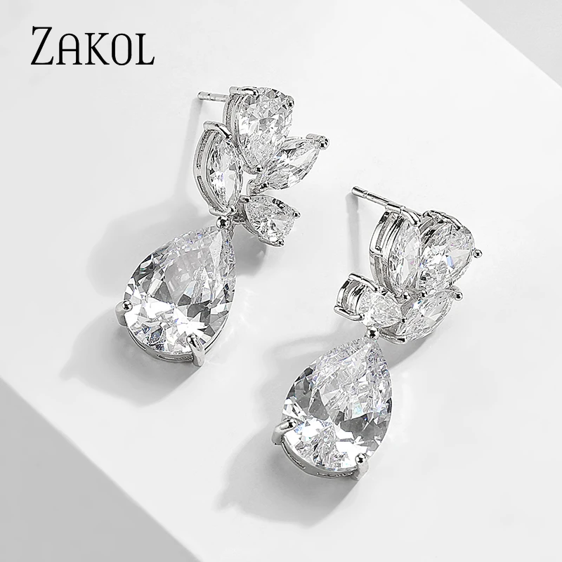 ZAKOL Fashion Water Drop Cubic Zircon Wedding Dangle Earrings Marquise Cut Crystal White Bride Ear Jewelry Gift