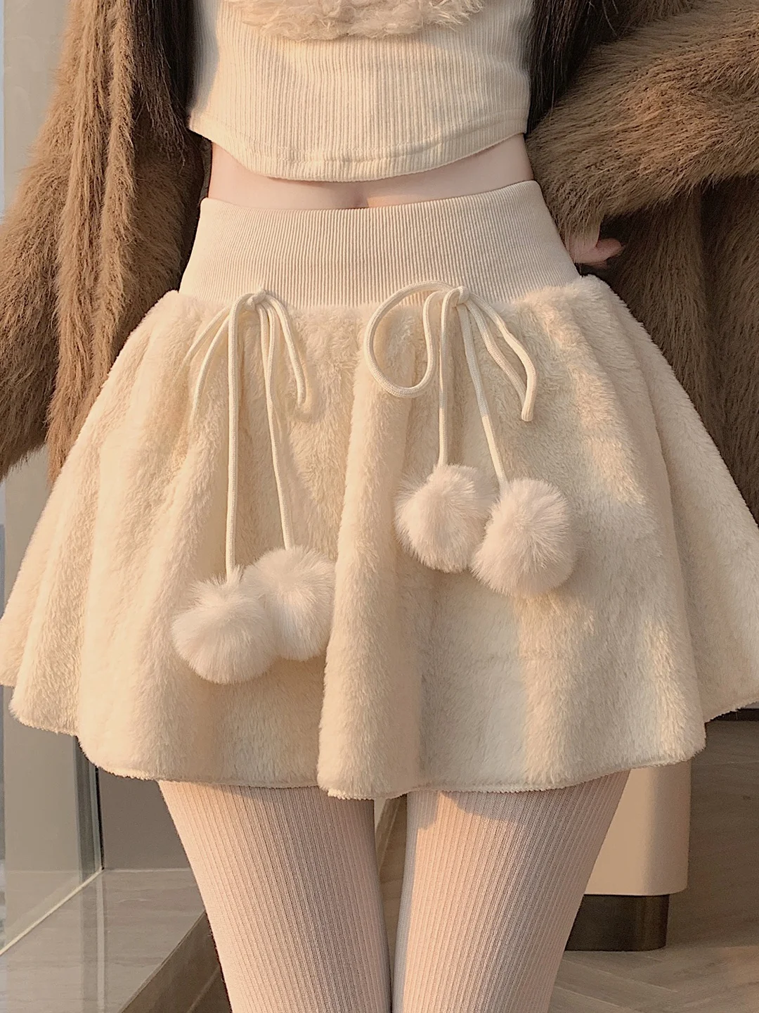 White Fluffy A-Line  Skirt with  Knot High Waist Slimming Autumn Winter Sweet Anti-Aging Versatile Women's Skirt