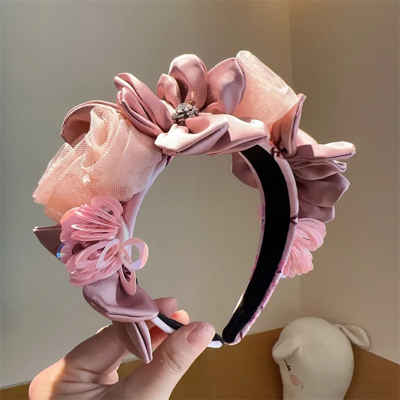 New Solid Color Simulation Garland Bridal Mesh Headband Girls Curled Flower Core Flower Headband Performance Hair Accessories