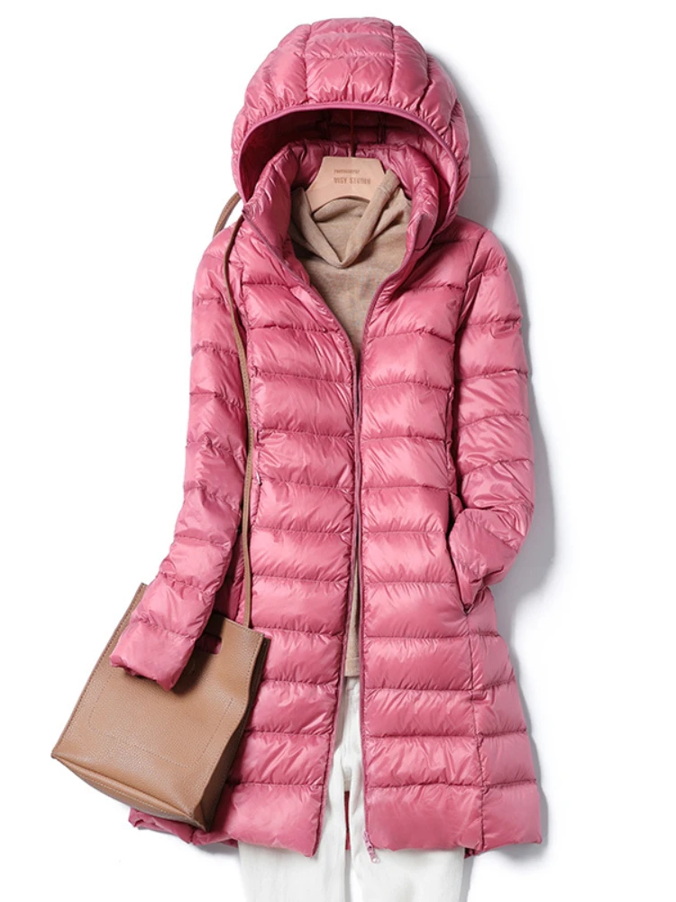 

Women's Down Coats Fall/Winter 2024 New in Light Thin Down Jacket Mid-length Slim Hooded Oversized Off Hat Feather Coats