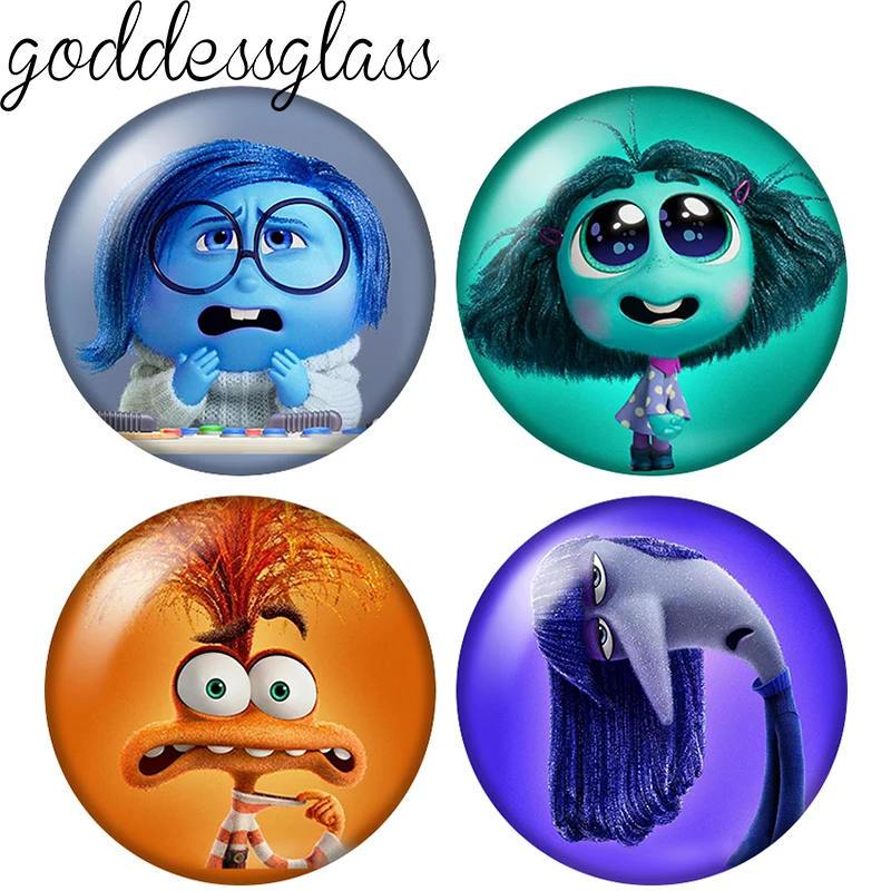 Inside Out Moive Joy Sadness Anger Fear Runde 12mm/18mm/20mm Fotoglas-Cabochons mit flacher Rückseite zur Herstellung von Schlüsselanhänger-Schmuck