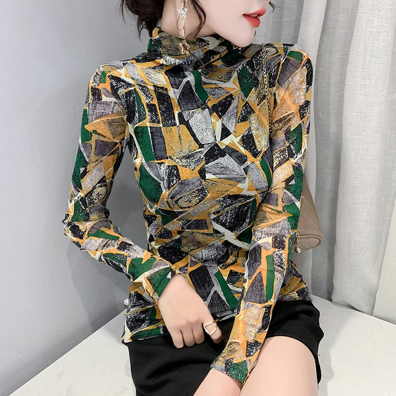 #8101 primavera autunno stampato T-Shirt donna di alta qualitร moda sottile dolcevita T-Shirt femminile maglia manica lunga donna top