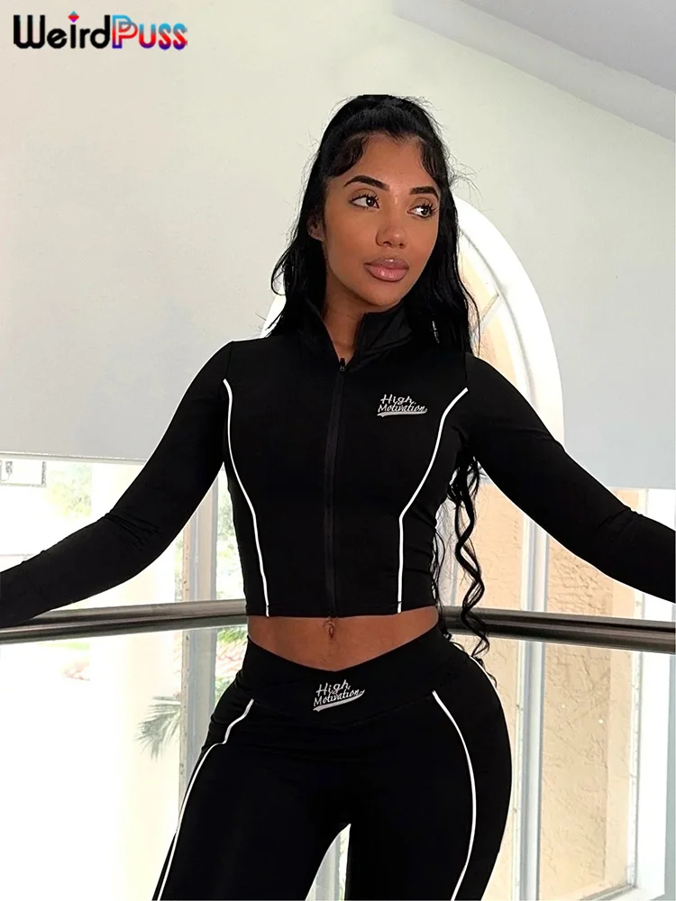 Weird Puss Casual 2-częściowy zestaw dres elastyczny patchworkowy pasek obcisła krótka kurtka z zamkiem błyskawicznym + legginsy pasujące Streetwear sportowe garnitury — zdjęcie 4