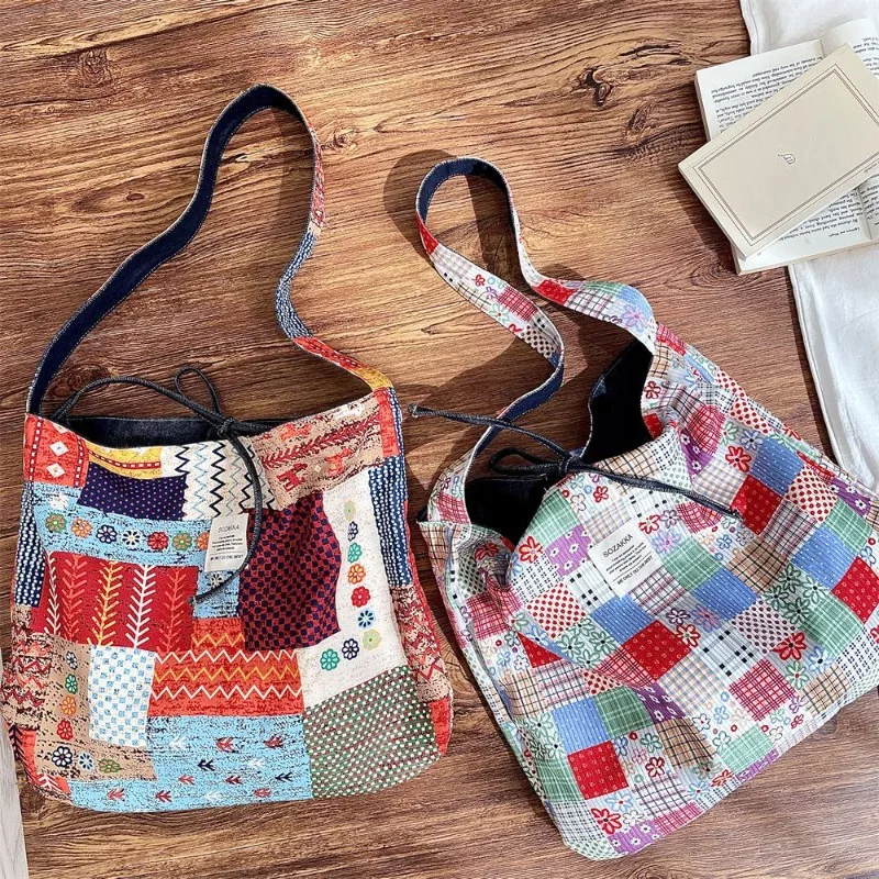 

Youda новая сумка через плечо из вельветовой ткани для женщин, модная клетчатая лоскутная сумка через плечо в богемном стиле, двухсторонние сумки-тоут