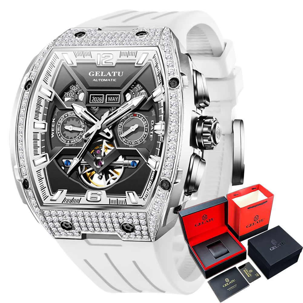 GELATU Top Brand Men's Watches Full Automatic Wristwatch for Man Hollow Mechanical Flywheel Date Week Waterproof Luminous