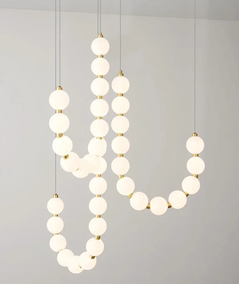 White Modern Luxury Beaded String Gold Long LED Staircase Pendant Light Suitable Living Room Hanging Indoor Home Decor Fixtures