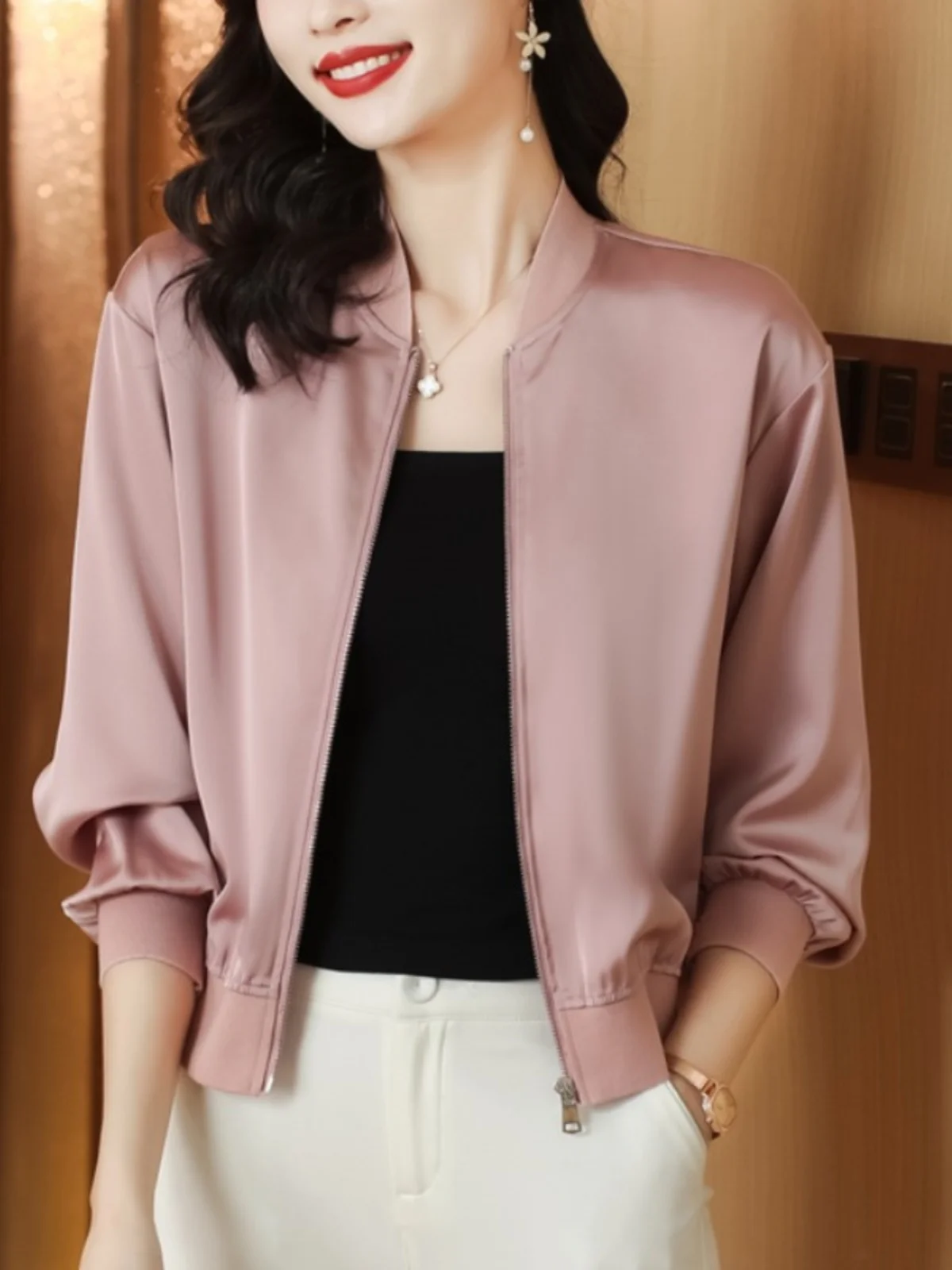 Chic Anti-Aging Short Thin Women's Jacket Spring Autumn 2026 New Style Baseball Uniform Top Polyester Long Sleeve Zipper