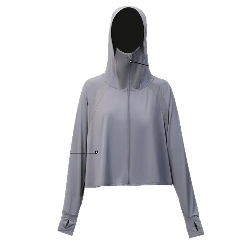 Women UPF 50+ UV Protection Sun Protection Jacket Summer Cooling Ice Silk Shawl Coat with Black Glue Brim Hood Breathable Lightw