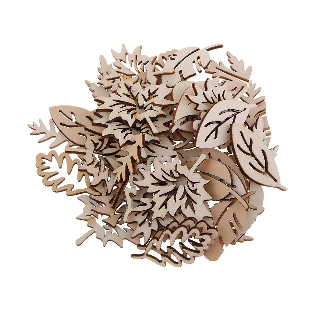 50 Pieces Wooden Leaf Embellishments Unfinished Wood Chips for Taking Photos of Props, Home ornament, Wall Hanging Decoration