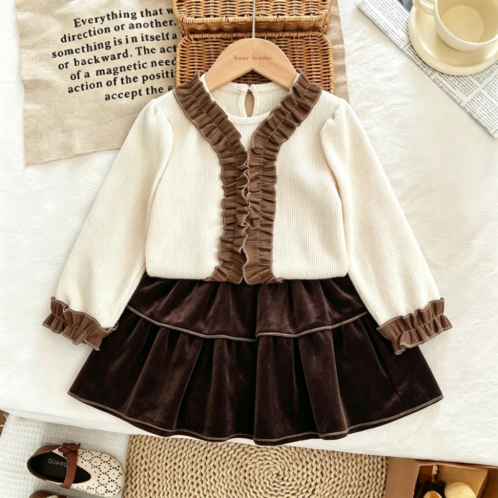 Autumn Korean Version Color Blocking Toddler Girl Clothes Vintage Patchwork Long Sleeved Top + Short Skirt Children's 2Pcs Sets