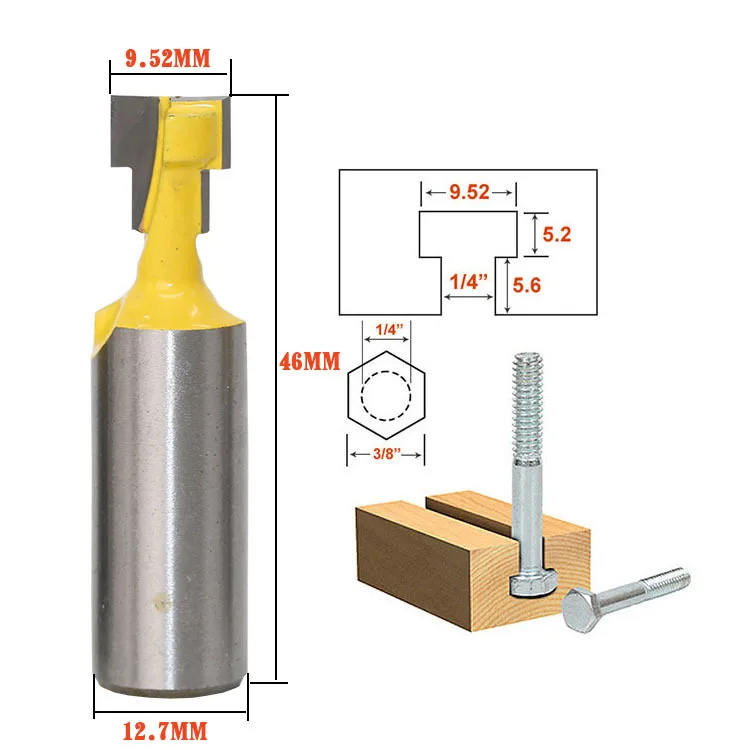 1 pieza 1/2 "12,7 MM 1/4" 6,35 MM cortador de caña tallado de madera ranura en T fresa enrutador broca cortador de carpintería para herramienta eléctrica