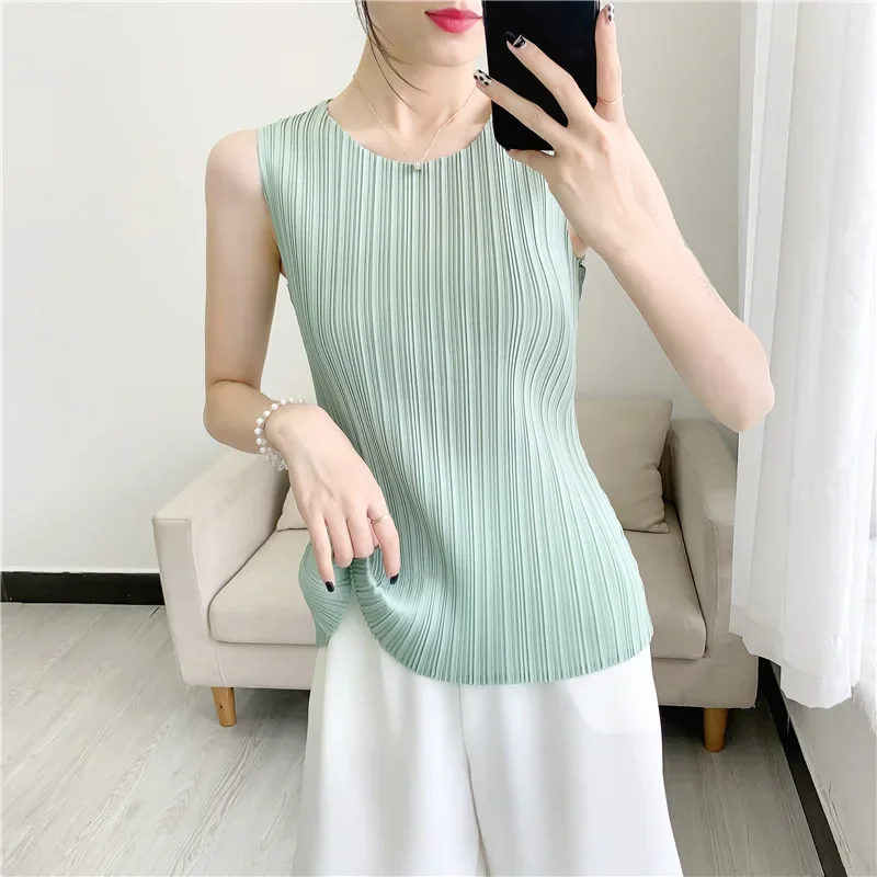 

Miyake Pleated Vest Tops Women's Niche Design 20205 Summer Heart New Sleeveless T-Shirt Slim Casual Women's