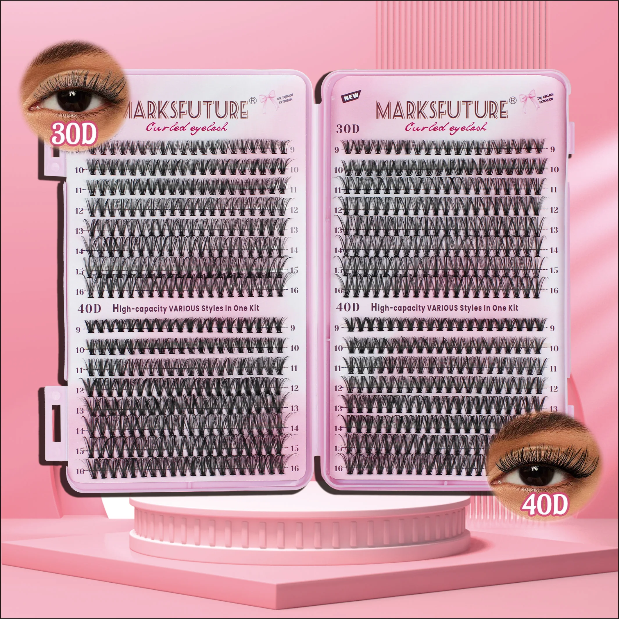 MARKS FUTURE Cluster Eyelash Extension Kit 640pcs 30D40D individual lashes, ultra-thick, D-curl 9-16mm mixed length lashes, DIY eyelash extensions at home, fluffy manga lashes
