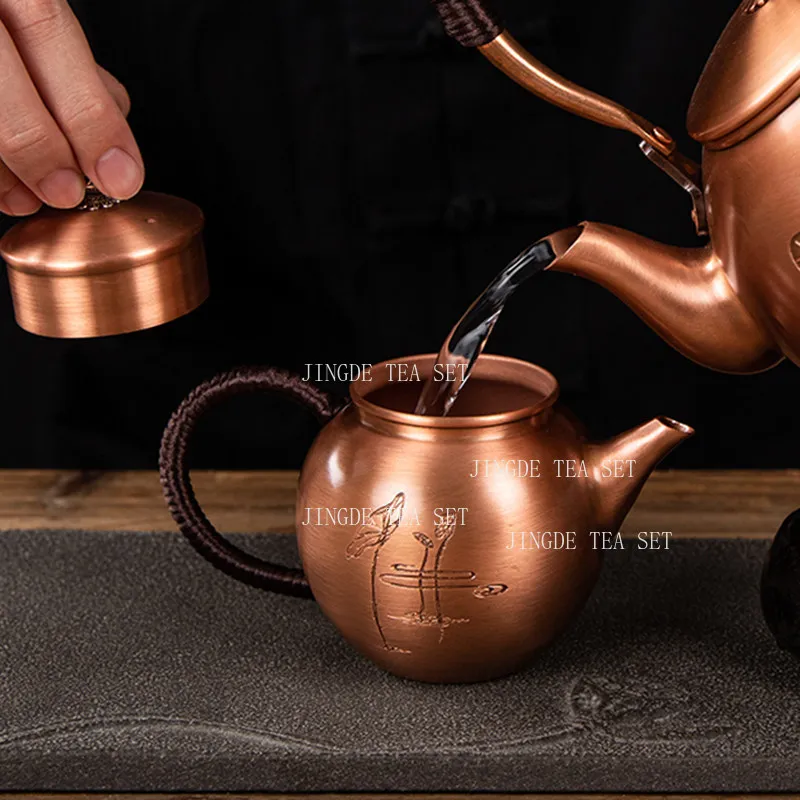 280ml Copper Teapot with Chinese Calligraphy Engraving and Rope Handle Handmade Kung Fu Tea Kettle for Tea Ceremony
