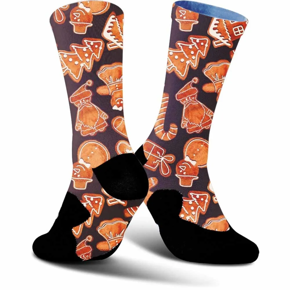 Creative gingerbread man pattern sports cycling socks, moisture wicking, unisex, tightly fitting, breathable and durable