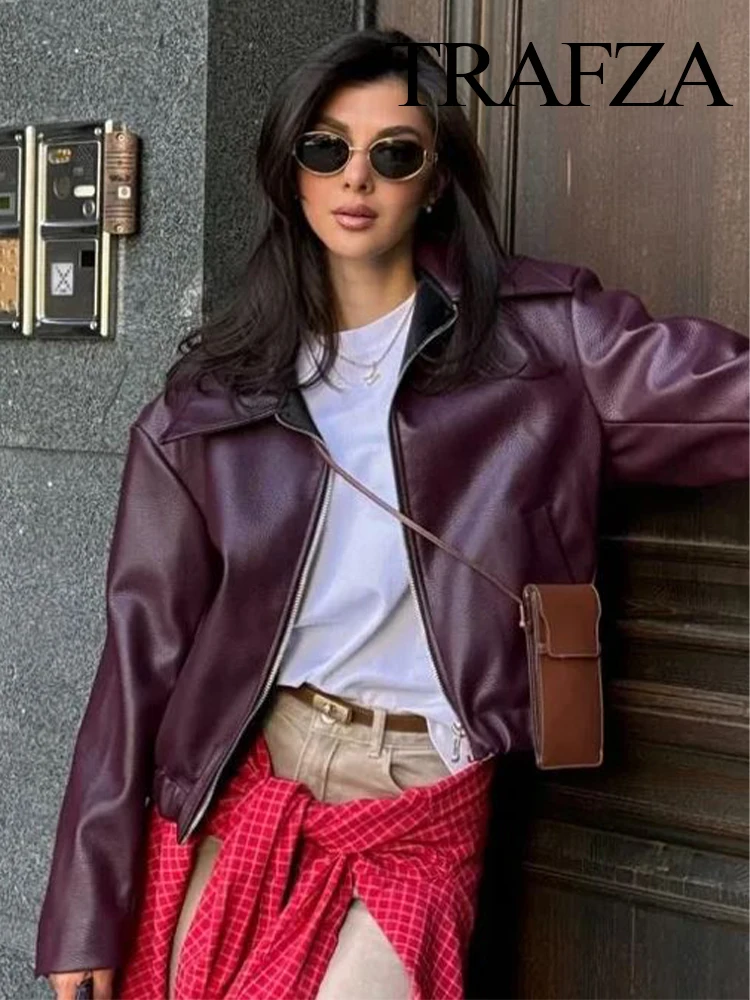 TRAFZA 2024 Winter Women's Trendy Leather Jacket Coat Retro Lapel Zipper High Street Women's Leather Jacket 2 Color Tops Y2K