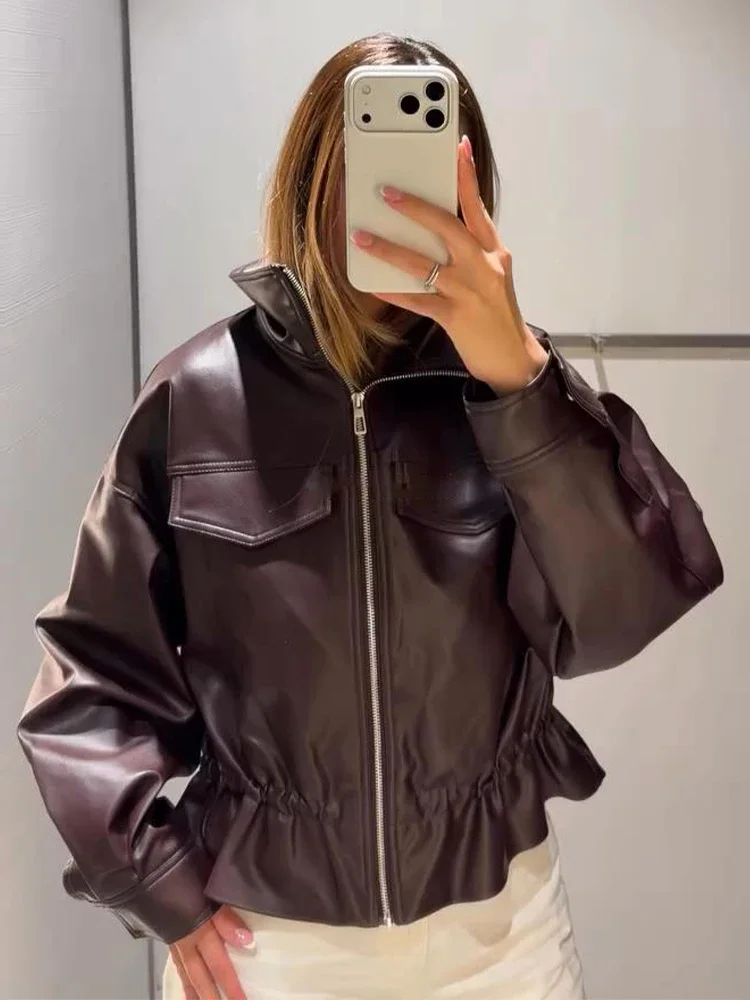 Chic Women's Faux Leather Jacket Stand Collar Zip Drawstring Waist Cropped Hem Flap Patch Pockets Long Sleeve New Street Outerwe