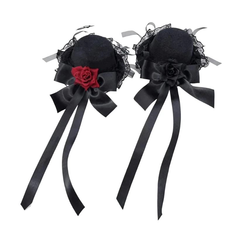 39BC Lace Trim Rose Flower Hat Barrette Anime Event Hair Decoration Side Hair Clip