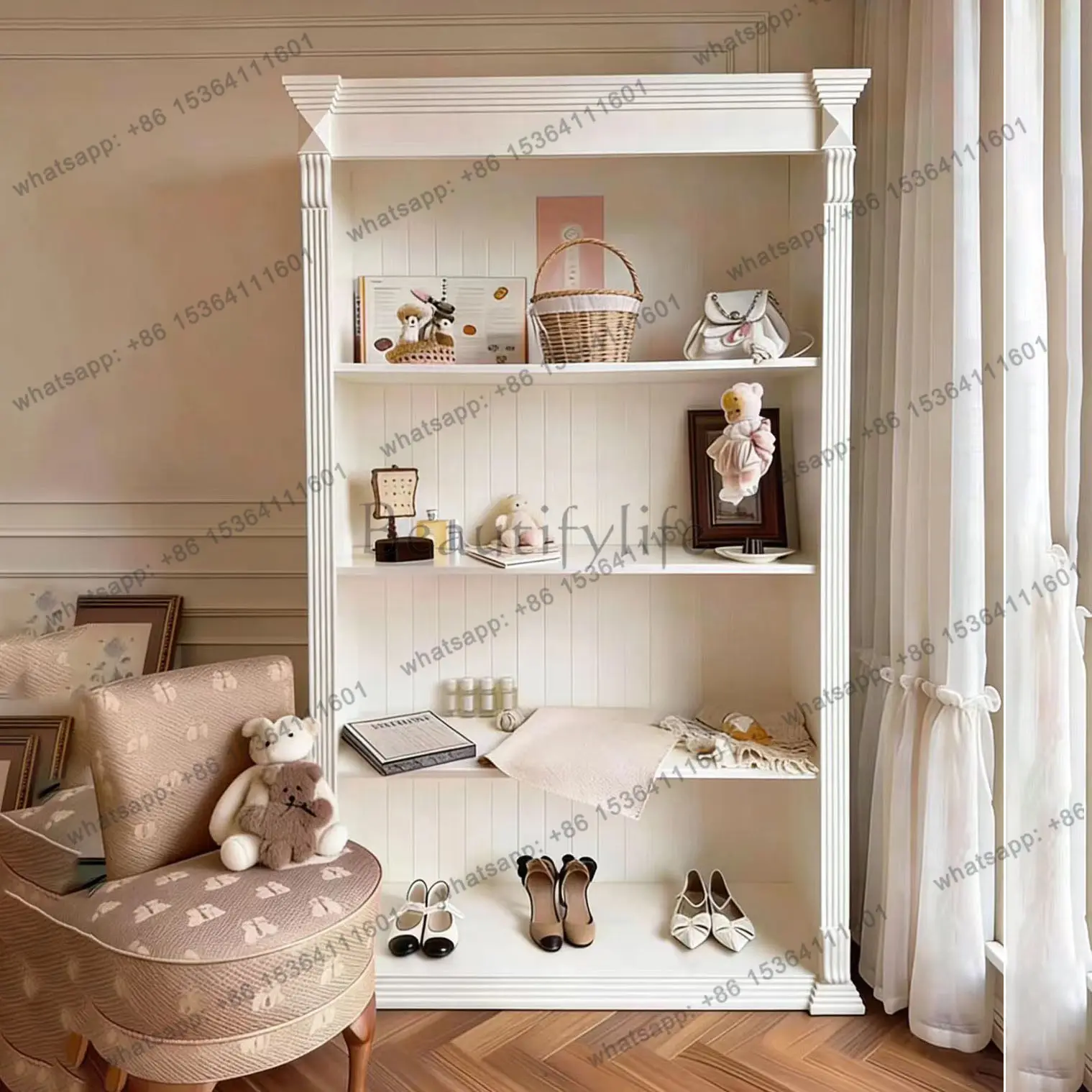 French Milk White Solid Wood Bookcase Multi-layer Shelf Medieval Store Display Cabinet